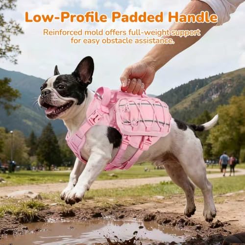 Medium Dog Harness Backpack, No Pull Adjustable Dog Vest with Handle & Leash Ring, Lightweight Dog Backpack with Side Pockets for Walking, Training & Day Hikes, Pink, M