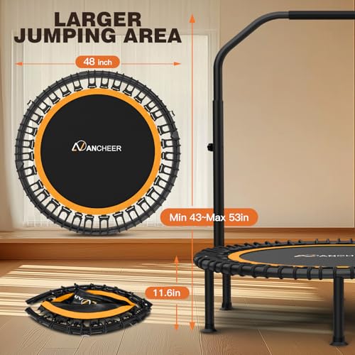 ANCHEER 48" Foldable Rebounder Trampoline for Adults/Kids with Resistance Bands and Bungees, Indoor & Outdoor Mini Trampoline with Bar and Safety Padding - Max Load 450lbs (Orange)