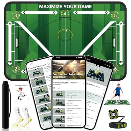 2F22E Soccer Training Mat for Kids & Youth, Non-Slip Silent Footwork Training Equipment with Soccer Bounce Trainer & Socks, Ball Mastery Skills Mat with Instructional Video for Indoor Practice