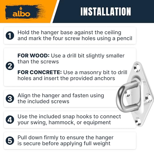 Albo Diamond Plate 2650lbs Swing Hangers 2 PCS - Heavy Duty Ceiling Mount Hooks with Snap Carabiners, 304 Stainless Steel for Wood & Concrete & Metal, Indoor Outdoor Anchor for Hammock, Yoga, TRX - size: Diamond 2pcs Silver