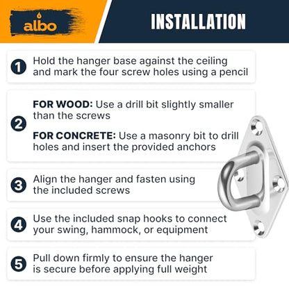 Albo Diamond Plate 2650lbs Swing Hangers 4 PCS - Heavy Duty Ceiling Mount Hooks with Snap Carabiners, 304 Stainless Steel for Wood & Concrete & Metal, Indoor Outdoor Anchor for Hammock, Yoga, TRX - size: Diamond 4pcs Silver