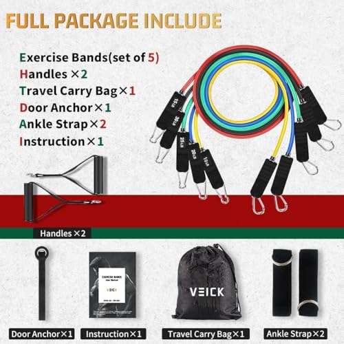 VEICK Resistance Bands Set - Exercise Equipment with Handles, Ankle Straps & Door Anchor for Home Gym, Shoulder Chest Leg Rowing Golf Cable Workout