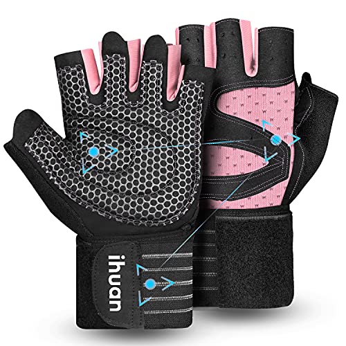ihuan Ventilated Weight Lifting Gym Workout Gloves with Wrist Wrap Support for Men & Women, Full Palm Protection, for Weightlifting, Training, Fitness, Hanging, Pull ups - color: Pink, size: Small