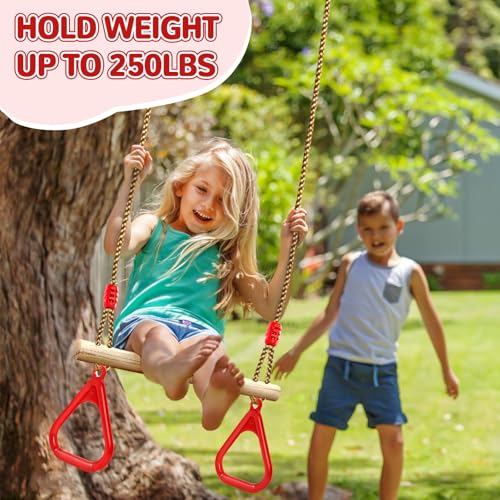 LadyRosian Wooden Trapeze Swing Bar, Adjustable Height Swing Set, Gym Rings, Playground Attachments, 16.5" Monkey Bar for Backyard, Playground, Playroom (Red) - color: Red
