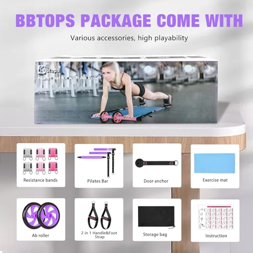 Pilates Bar Kit with Resistance Bands,Ab Roller,2 in 1 Foot Strap & Handle,Door Anchor Pilates Equipment with Resistance Bands, Portable Home Gym Yoga Fitness Bar for Women & Men