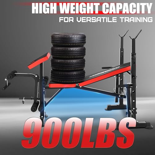 OPPSDECOR 900LBS Weight Bench Set Adjustable Bench Press Set with Squat Rack Foldable Olympic Workout Bench with Leg Developer Preacher Curl Workout Bench for Home Gym Full Body Exercise