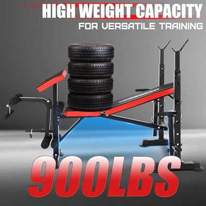 OPPSDECOR 900LBS Weight Bench Set Adjustable Bench Press Set with Squat Rack Foldable Olympic Workout Bench with Leg Developer Preacher Curl Workout Bench for Home Gym Full Body Exercise