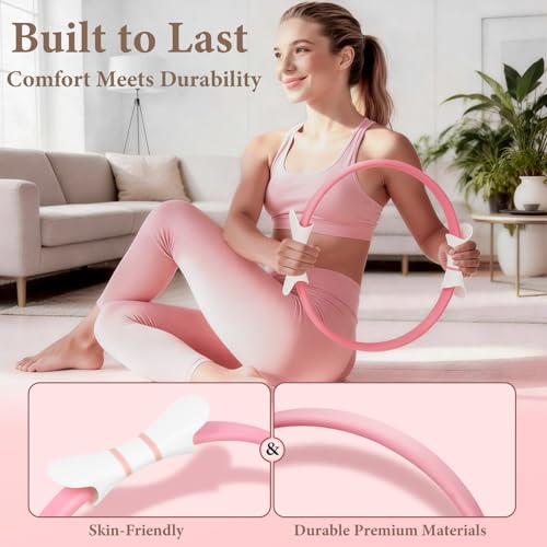 Pink Pilates Ring Kit with 14 inch Magic Circle & Foam Roller, Ergonomic Home Workout Equipment Set, Full Essentials for Women Beginners - Includes Exercise Guide & Storage Bag