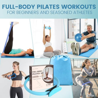 Pilates Kit for Women 13PCS, Pilates Ring and Ball Set with Magic Circle, Resistance Bands Set, Figure 8 Band, Yoga Ring & Grip Socks, Home Workout Equipment Essentials Starter Kit for Beginners - color: Blue