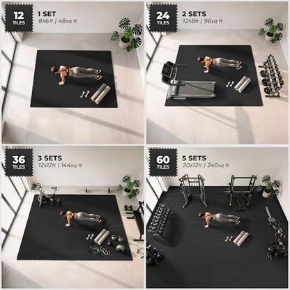 bemaxx Gym Mats Set - 48 pcs EVA Interlocking Foam Floor Tiles (24.4"x24.4"x0.4") 192 sqft Protective Gym Flooring Sports Home Workout Exercise Mats Puzzle Garage Fitness Play-Room Pool Treadmill Bike