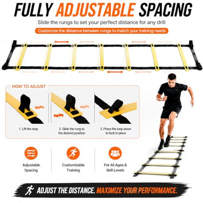 Agility Ladder Speed Training Set with Cones & Carry Bag, Adjustable Soccer Training Equipment for Football, Fitness and Sports Drills - size: includes 13.12ft 8 rungs