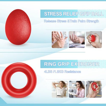 Grip Strength Trainer(5 Pack) with Finger Exerciser, Hand Grip Strengthener, Finger Stretcher,Grip Ring & Stress Relief Ball for Muscle Building and Injury Recover with Carry Bag - color: RED