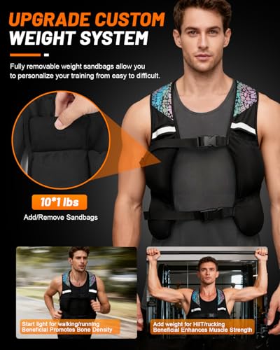 Weighted Vest for Woman Men, 0-10lbs Adjustable Running Vest with 10 Removable Weights, Weight Training Vest for Weight Loss, Colorful Reflective Straps & Phone Pockets, Machine Washable