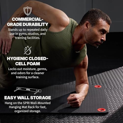SPRI Hanging Exercise Mats for Gyms, Closed-Cell Foam Yoga & Fitness Mats with Grommets, Thick Workout Mats for Studios & Group Fitness Classes, Wall Rack Mat Holder Storage, Black - style: 56” x 23" x 5/8" - 6 Pack w/Rack