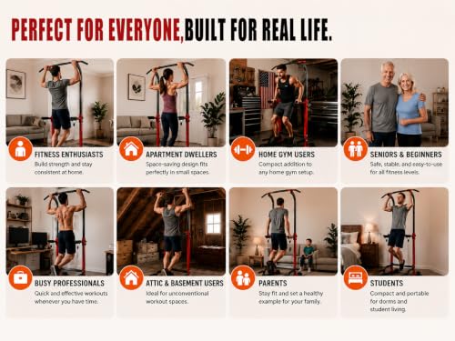 Power Tower Pull Up Bar,Pull-Up Rack Dip Station,Height Adjustable Multi-functional Home Strength Training Gym Equipment, Save Space,People Below 6 feet - color: Red