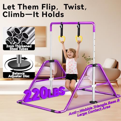 Kids Gymnastics Bar Gymnastic Equipment for Home Adjustable Height Gymnastic Training Bar Gymnastic Stuff for 3-7 Years Old Girls - color: Purple with ring