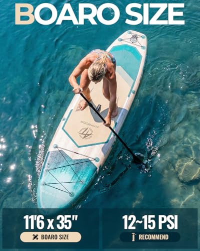 11'6"x35" Inflatable Paddle Board, 450lbs Extra Wide Stand Up Paddleboard for Adults with Premium SUP Accessories Kit & Backpack, Blow Up Kayak Non-Slip Stable Deck Boat for Yoga Fishing Surf - style: Light Wood Grain
