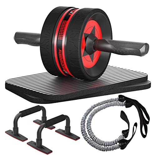 Ab Rollers Wheel Kit, Exercise Wheel Core Strength Training Abdominal Roller Set with Push Up Bars, Resistance Bands, Knee Mat Home Gym Fitness Equipment for Abs Workout - color: Red