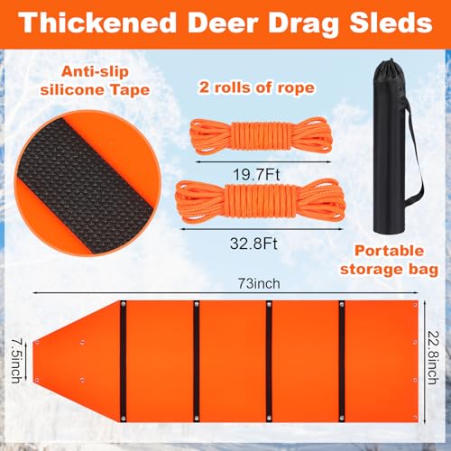 1.2mm Thickened Deer Drag Sleds with Rope, Tear-Resistant Cart Game Hauler with Storage Bag, Dual Deer Drag Harness Strap, Widen Shoulder for Hunting Accessories(Tapered-Anti Slip, Orange)