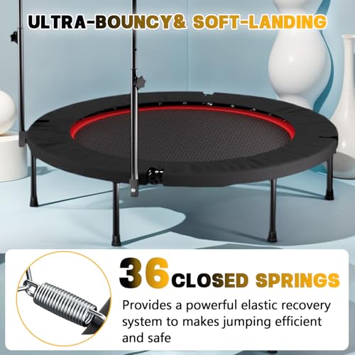 40'' Fitness Trampoline with 4 Levels Height Adjustable Foam Handle, Foldable Mini Rebounder for Adults Home Indoor Workout, 6-Leg Exercise Trampoline, Max Load 330lbs - color: Black with Handle