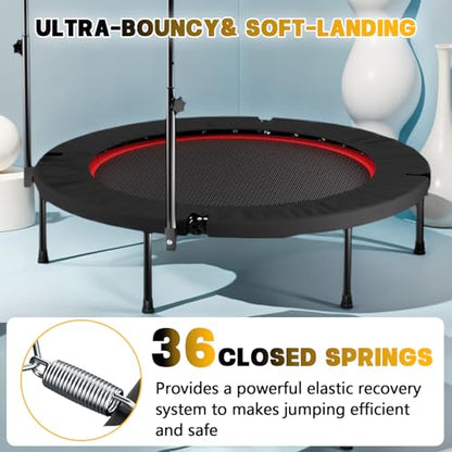 40'' Fitness Trampoline with 4 Levels Height Adjustable Foam Handle, Foldable Mini Rebounder for Adults Home Indoor Workout, 6-Leg Exercise Trampoline, Max Load 330lbs - color: Black with Handle