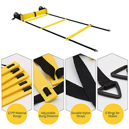 12 Rungs Agility Ladder Set, Training Ladder with Steel Stakes and Carry Bag for Soccer, Speed Fitness Feet Training - color: 4 Pack-Yellow