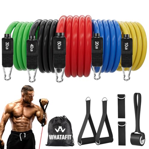 WHATAFIT Resistance Bands, Exercise Bands, Workout Bands with Handles, Door Anchor and Ankle Straps, 5 Resistance Levels Fitness Bands for Strength Training, Physical Therapy, and Home Gym Equipment - color: Multi