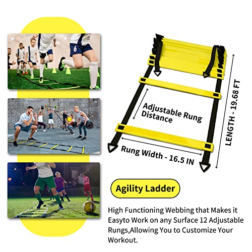 Soccer Agility Training Equipment Set, 12 Rung 20Ft Agility Ladder, 12 Disc Cones, 4 Steel Stakes, Solo Soccer Trainer, Jump Rope - Speed Training Equipment for Soccer Football Basketball - color: Yellow