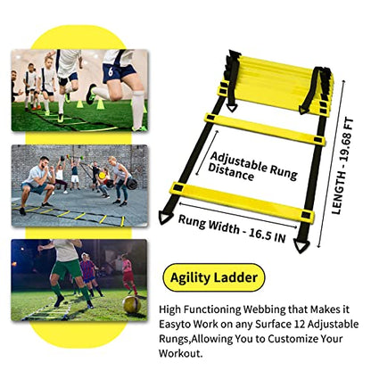 Soccer Agility Training Equipment Set, 12 Rung 20Ft Agility Ladder, 12 Disc Cones, 4 Steel Stakes, Solo Soccer Trainer, Jump Rope - Speed Training Equipment for Soccer Football Basketball - color: Yellow
