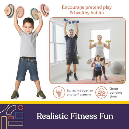 Special Supplies Kids Wooden Workout Play Weights Set - Adjustable Dumbbells and Barbell Set for Home Gym Equipment, Exercise Workout Set for Fitness Activities (Dumbbells)