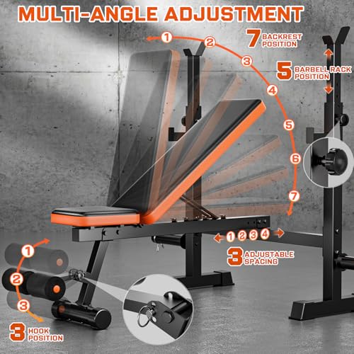770lbs Weight Bench Set with Squat Rack, 5 in 1 Workout Bench Press With Removable Foot Catch, Adjustable Flat Incline Sit Up Bench for Home Gym Full Body Strength Training