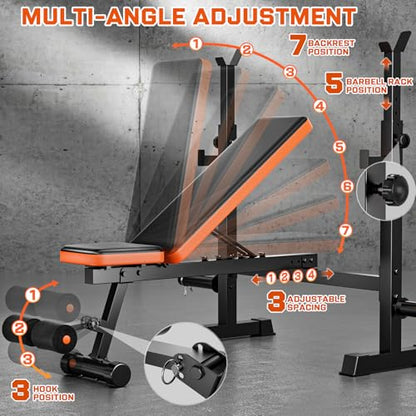 770lbs Weight Bench Set with Squat Rack, 5 in 1 Workout Bench Press With Removable Foot Catch, Adjustable Flat Incline Sit Up Bench for Home Gym Full Body Strength Training