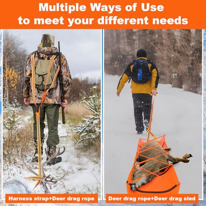 1.2mm Thickened Deer Drag Sleds with Rope, Tear-Resistant Cart Game Hauler with Storage Bag, Dual Deer Drag Harness Strap, Widen Shoulder for Hunting Accessories(Tapered-Anti Slip, Orange)
