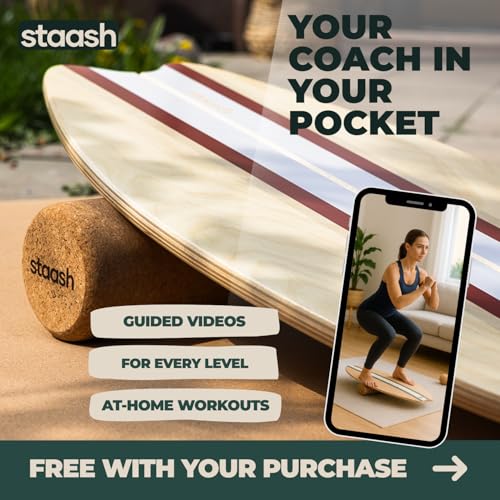 STAASH® Balance Board Full Kit – Premium Birch Wood Trainer with Cork Roller, Balance Disc, Massage Ball & Anti-Slip Mat – Core Strength, Surf, Snowboard & Rehab Training – All-In-One Set