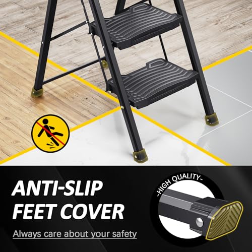 KINGRACK Step Ladder 3 Step Folding, 900lbs 3 Step Ladder with Non-Skid Wide Pedal and Handrails, Lightwight Household Ladder, Sturdy Step Stool, for Your Kitchen, Closets, Office Use, Garage, Black - size: 3-step with handrail