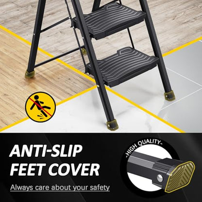 KINGRACK Step Ladder 4 Step Folding, 900lbs 4 Step Ladder with Anti-Slip Wide Pedal and Handrails, Lightwight Household Ladder, Pass 900LBS Testing, for Your Kitchen, Pantry, Closets, Office Use - size: 4-step with handrail