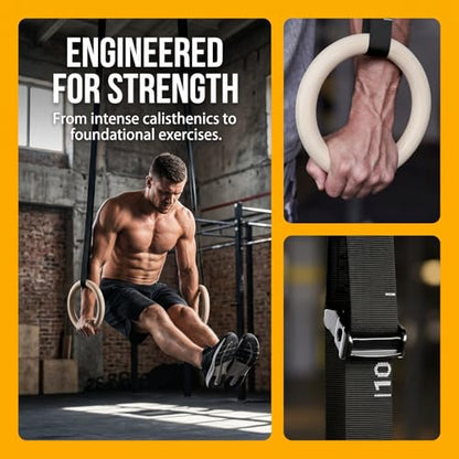Gymnastics Ring, 32mm Wooden Olympic Gymnastics Ring, with a Digital Strap Length of 14.76FT that can be Quickly Adjusted, Suitable for Home Fitness and Strength Training Exercises