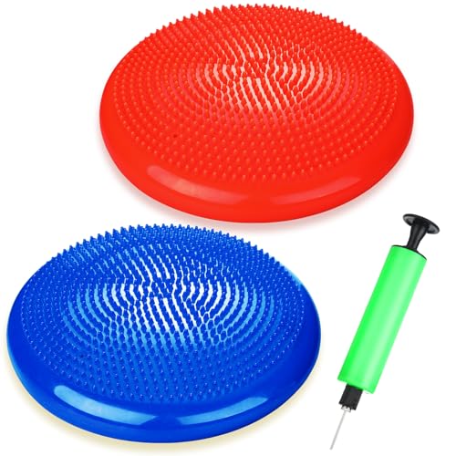 2 Pcs Wiggle Seat Inflated Wobble Cushion Flexible Balance Disc with Air Pump for Core Stability Strengthening Improving Posture Physical Exercise - color: Blue and Red