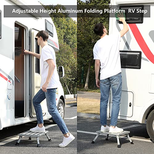 Large RV Step Stool, Adjustable Height Aluminum Folding Step Ladder with Non-Slip Rubber Feet, 1500 lbs Capacity, Safety Platform for RV, Trailer, Truck, Outdoor Use, 19" x 14.3"