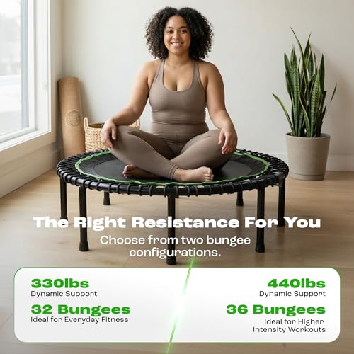 MXL Just Bounce 44" Bungee Rebounder, Premium Quarter-Folding Mini Trampoline for Adults with Handle, Silent & Low-Impact Bounce, Perfect for Indoor, T-Bar for Stability, 330lb/440lb Weight Limit