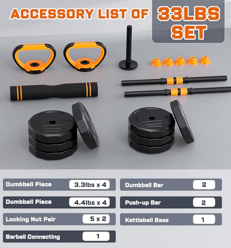 5-in-1 Adjustable Dumbbell Set, 33/44/66/88lbs Free Weights Set with Connector, Used as Kettlebells, Barbell, Push up Stand, Standard 1" Plates, Fitness Exercises for Home Gym Suitable Women/Men - color: 33LB (16.5LB Pair)