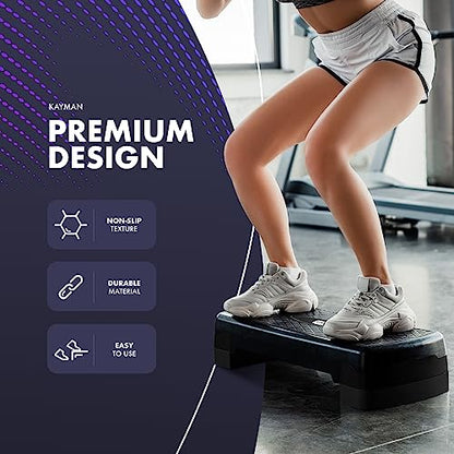 Exercise Steps – Fitness Stepper for Home & Gym, Suited for Aerobics, Cardio, Weights, Yoga, DVD Workout – Adjustable 2 Step Level Heights (10,15 cm) – Perfect Equipment Accessory Set