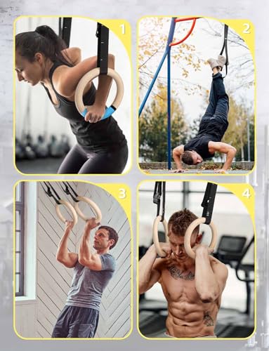 GHB Gymnastic Rings Wooden Gym Rings 1.25" Olympic Rings Adjustable Straps Pull Up Rings Sets for Workout Bodyweight Fitness Training