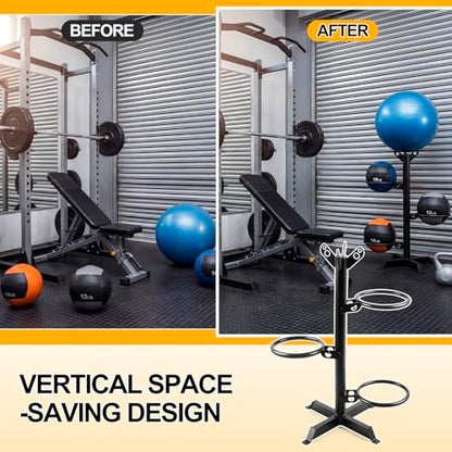 Zonon Medicine Ball Rack for Home Gym, 4-Tier Vertical Storage Stand with 360° Rotating Rings, 4 Balls Heavy Duty Steel Organizer for Yoga, Slam Wall Balls, Space Saving Gym Equipment Storage, Black