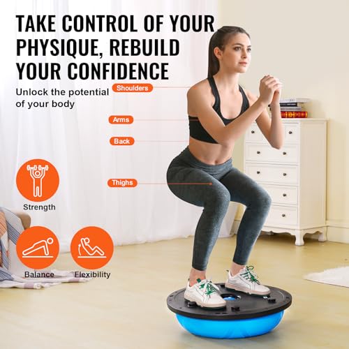 VEVOR Half Exercise Ball Trainer, 23/26 inch Balance Ball Trainer, 1500lbs Capacity Stability Ball, Yoga Ball with Resistance Bands & Foot Pump, Strength Fitness Ball for Home Gym Full Body Workout - color: 23" Particle Blue