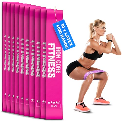 Latex Mini Resistance Bands Sets for Trainers, Bootcamp, Gym for Men and Women in Fun Colors - Ebook, Videos and Workout Chart Included by Iron Core Fitness - color: #6 Magenta, 10 x Heavy