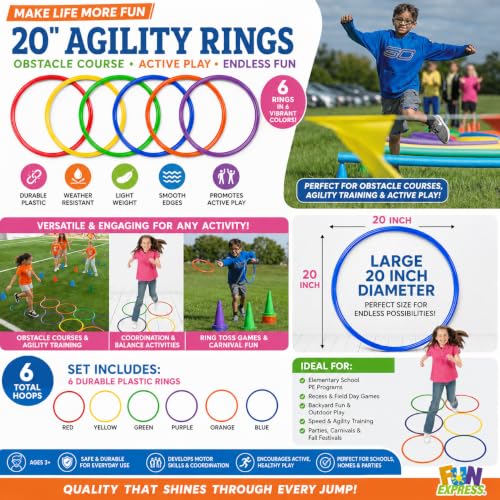 Fun Express Large 20 Inch Obstacle Course Agility Rings Set of 6 - Professional PE Equipment for Elementary School Physical Education | Carnival Games Ring Toss for Kids Outdoor Play & Field Day