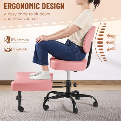 Homall Ergonomic Cross Legged Office Desk Chair with Wheels, 360° Swivel and Adjustable Height for Meditation and ADHD,Criss Cross Kneeling Chair with Lumbar Support (Leather, Pink) - color: Pink