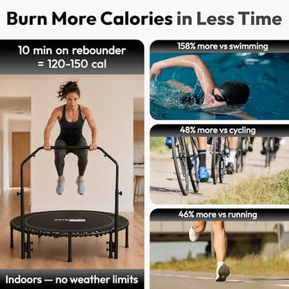 Rebounder Trampoline for Adults with Bar and Elastic Bands, 450/550 lbs Mini Trampoline for Adults, Exercise Trampolines, Rebounders with Adjustable Handle, Indoor/Outdoor 40/48 in
