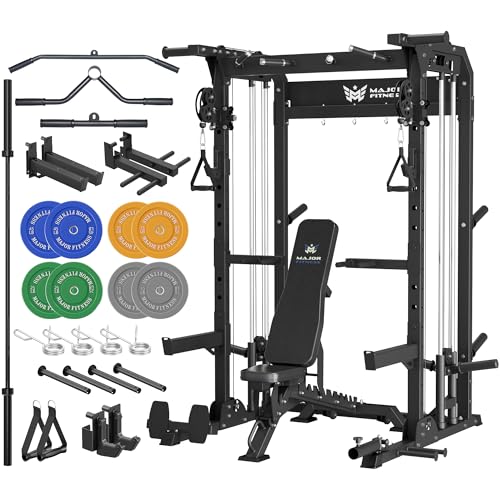 MAJOR FITNESS F22 Power Rack, 1600lbs All-in-One Squat Rack with Dual Pulley System, Heavy-Duty Steel Frame, Attachments & Storage for Home Gym Strength Training - color: Black, style: F22 (with Bench Elite BK & 230LB & 7ft Bar)